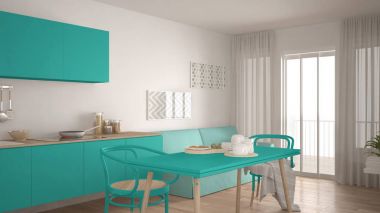 Koltuk ve masa, ahşap parke zemin ile İskandinav mutfak, 