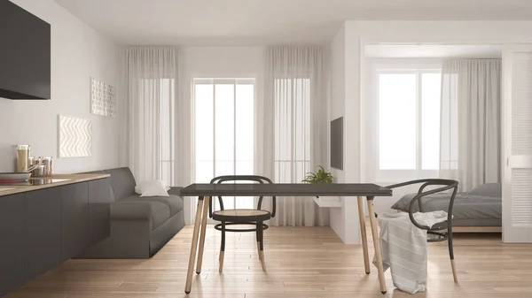 Modern en az mutfak ve oturma odası ile yatak odasında backg — Stok fotoğraf
