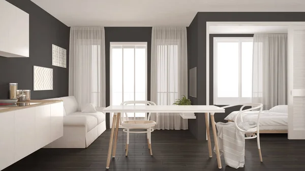 Modern en az mutfak ve oturma odası ile yatak odasında backg