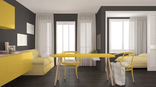 Moderne minimale keuken en woonkamer met slaapkamer in het backg — Stockfoto