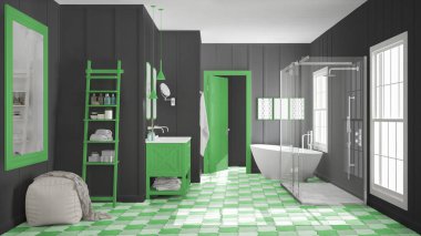 İskandinav minimalist beyaz, gri ve yeşil banyo, duş, 