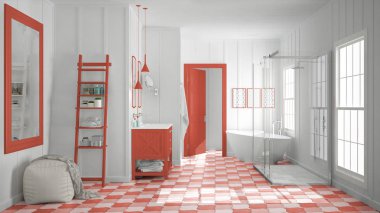 İskandinav minimalist beyaz ve kırmızı banyo, duş, küvet 