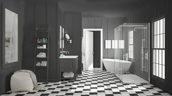 Skandynawskie minimalistyczny biało -szara łazienka, prysznic, wanna — Zdjęcie stockowe