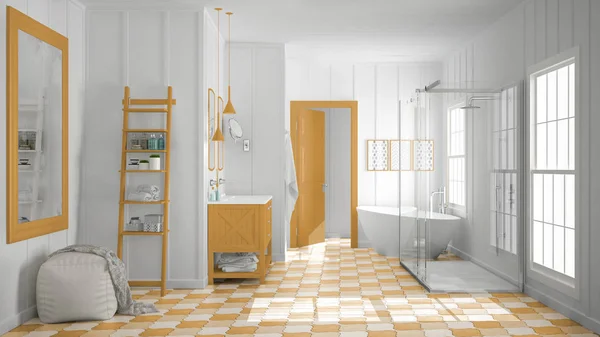 Escandinavo minimalista baño blanco y naranja, ducha, bañera —  Fotos de Stock