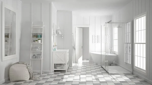 Escandinavo baño blanco minimalista, ducha, bañera y deco —  Fotos de Stock