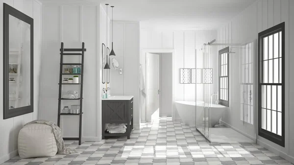 Escandinavo minimalista baño blanco y gris, ducha, bañera — Foto de Stock