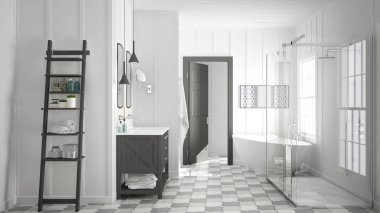 Scandinavian minimalist white and gray bathroom, shower, bathtub clipart