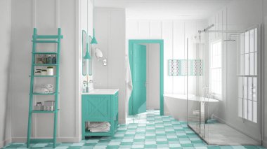 İskandinav minimalist beyaz ve turkuaz banyo, duş, ba