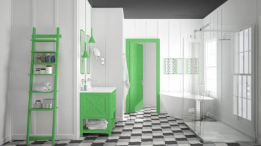 İskandinav minimalist beyaz, gri ve yeşil banyo, duş, 