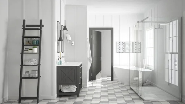 Scandinavian minimalist white and gray bathroom, shower, bathtub — Stock Photo, Image