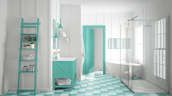 Skandináv minimalista fehér és türkiz fürdőszoba, zuhanyzó, ba — Stock Fotó