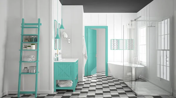 Skandináv minimalista fehér, szürke és türkiz fürdőszoba, Térkép — Stock Fotó