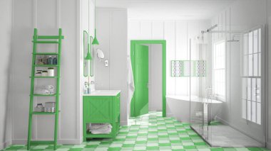 İskandinav minimalist beyaz ve yeşil banyo, duş, bathtu