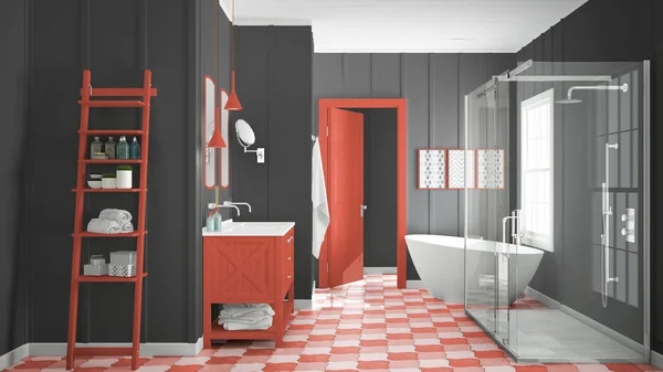 Skandináv minimalista fehér, szürke és vörös fürdőszoba, zuhanyzó, ba — Stock Fotó
