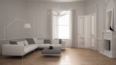 Firep ile klasik vintage oturma odasında Modern minimalist kanepe