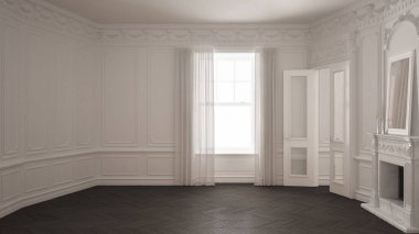 Büyük pencereli, şömineli ve ringa kemikli klasik boş oda.