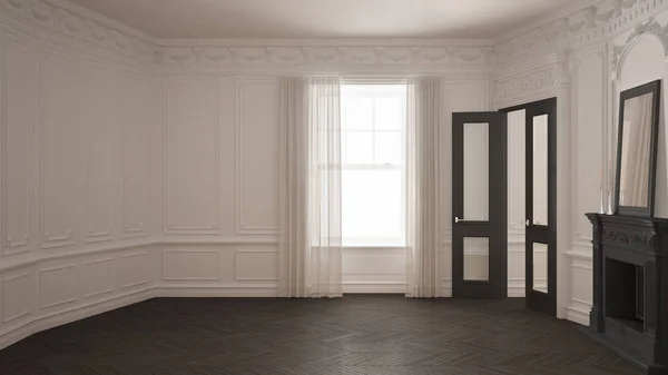 Classic empty room with big window, fireplace and herringbone wo — Stock Photo, Image