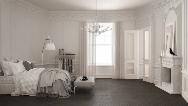 Сучасна скандинавська спальня в класичній старовинній вітальні з — стокове фото