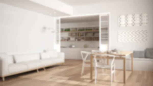 Diseño interior de fondo desenfoque, cocina minimalista y sala de estar r — Foto de Stock