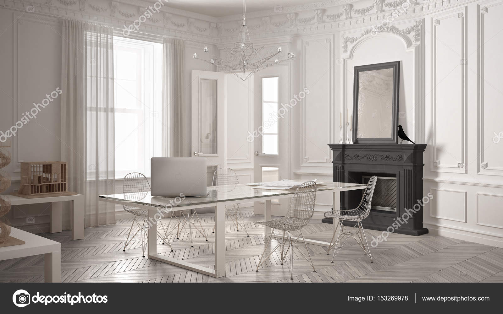 Moderne minimalistische kantoor in klassieke vintage kamer met
