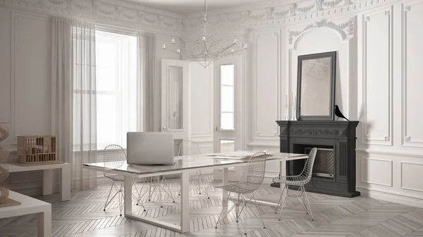 Современный минималистский офис в классическом винтажном номере с камином , — стоковое фото