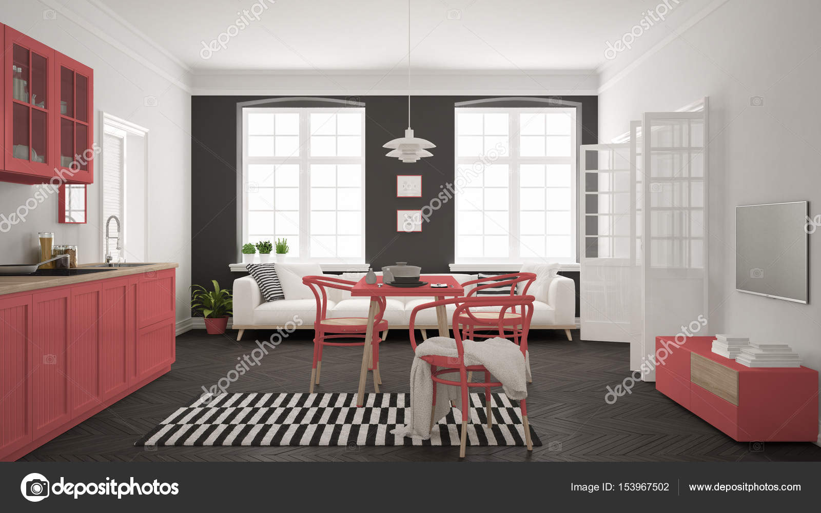 Minimalista E Moderna Cozinha Com Mesa De Jantar E Sala De Estar Minimalista E Moderna Cozinha Com Mesa De Jantar E Sala De Estar