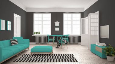 Kanepe ve yemek masası, SCANDI parlak minimalist oturma odası