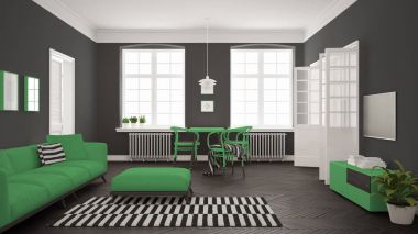 Kanepe ve yemek masası, SCANDI parlak minimalist oturma odası