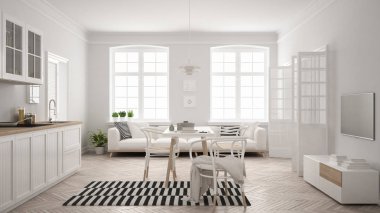 Minimalist modern mutfak yemek masası ve oturma odası, WHI