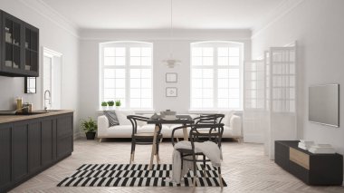 Minimalist modern mutfak yemek masası ve oturma odası, WHI