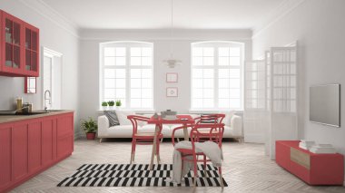 Minimalist modern mutfak yemek masası ve oturma odası, WHI