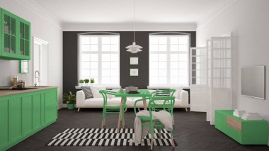 Minimalist modern mutfak yemek masası ve oturma odası, WHI