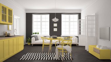 Minimalist modern mutfak yemek masası ve oturma odası, WHI