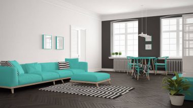 Kanepe ve yemek masası, SCANDI parlak minimalist oturma odası