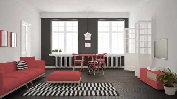 Ljusa minimalistiskt vardagsrum med soffa och matbord, scandi — Stockfoto
