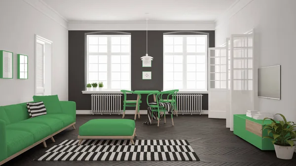Sala de estar minimalista brilhante com sofá e mesa de jantar, escândalo — Fotografia de Stock