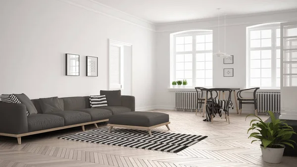 Luminoso salón minimalista con sofá y mesa de comedor, escándalo —  Fotos de Stock