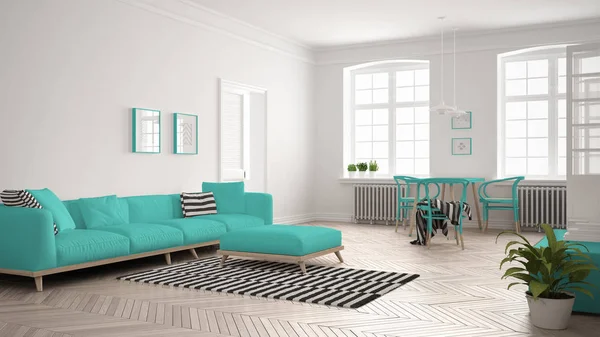 Bright minimalist living room with sofa and dining table, scandi
