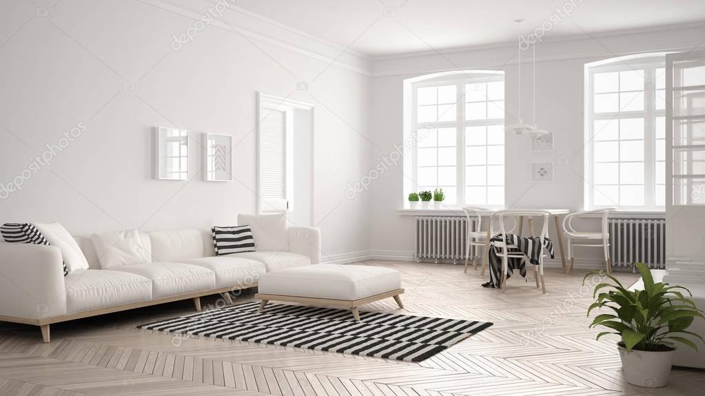 Bright minimalist living room with sofa and dining table, scandi