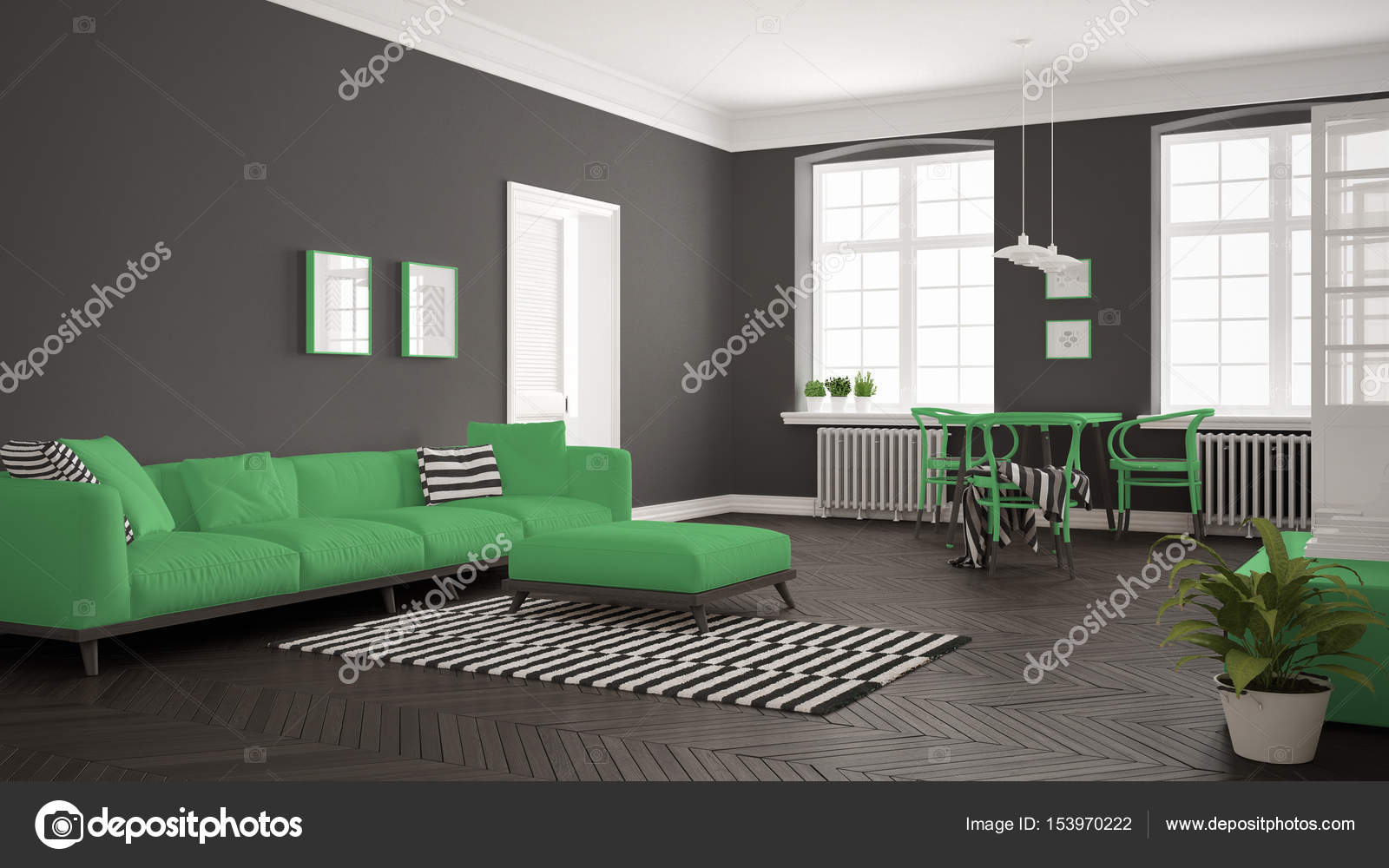 Salón minimalista luminoso con sofá y mesa de comedor, anticuados ... Salón minimalista luminoso con sofá y mesa de comedor, anticuados ...