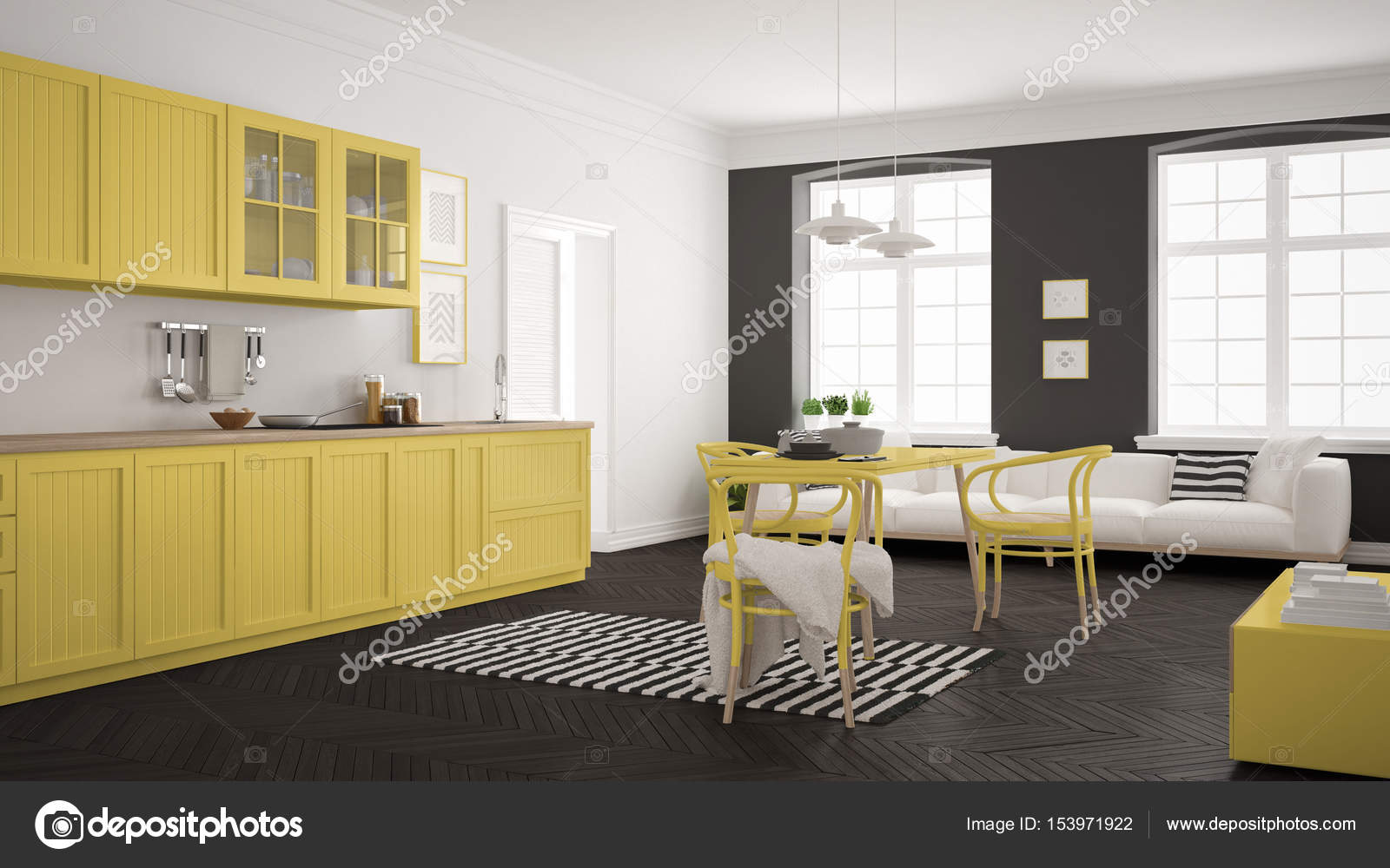 Minimalista modern konyha, étkező asztal és nappali, ame — stock ...