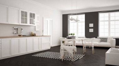 Minimalist modern mutfak yemek masası ve oturma odası, WHI