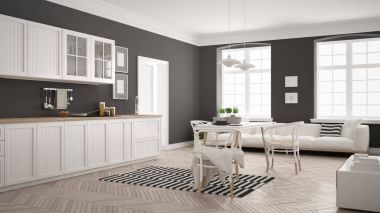 Minimalist modern mutfak yemek masası ve oturma odası, WHI