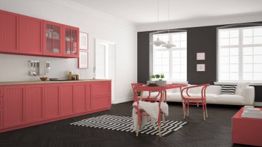 Minimalist modern mutfak yemek masası ve oturma odası, WHI