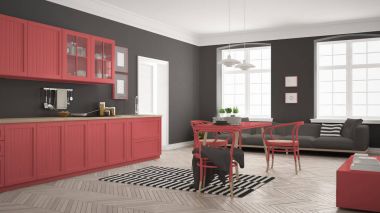 Minimalist modern mutfak yemek masası ve oturma odası, WHI