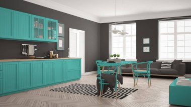 Minimalist modern mutfak yemek masası ve oturma odası, WHI