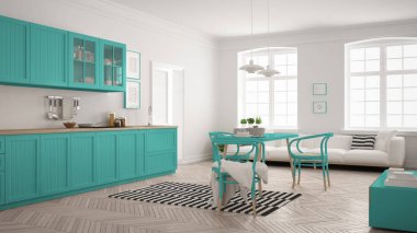 Minimalist modern mutfak yemek masası ve oturma odası, WHI