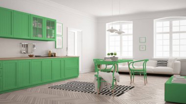 Minimalist modern mutfak yemek masası ve oturma odası, WHI