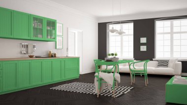 Minimalist modern mutfak yemek masası ve oturma odası, WHI