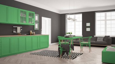 Minimalist modern mutfak yemek masası ve oturma odası, WHI
